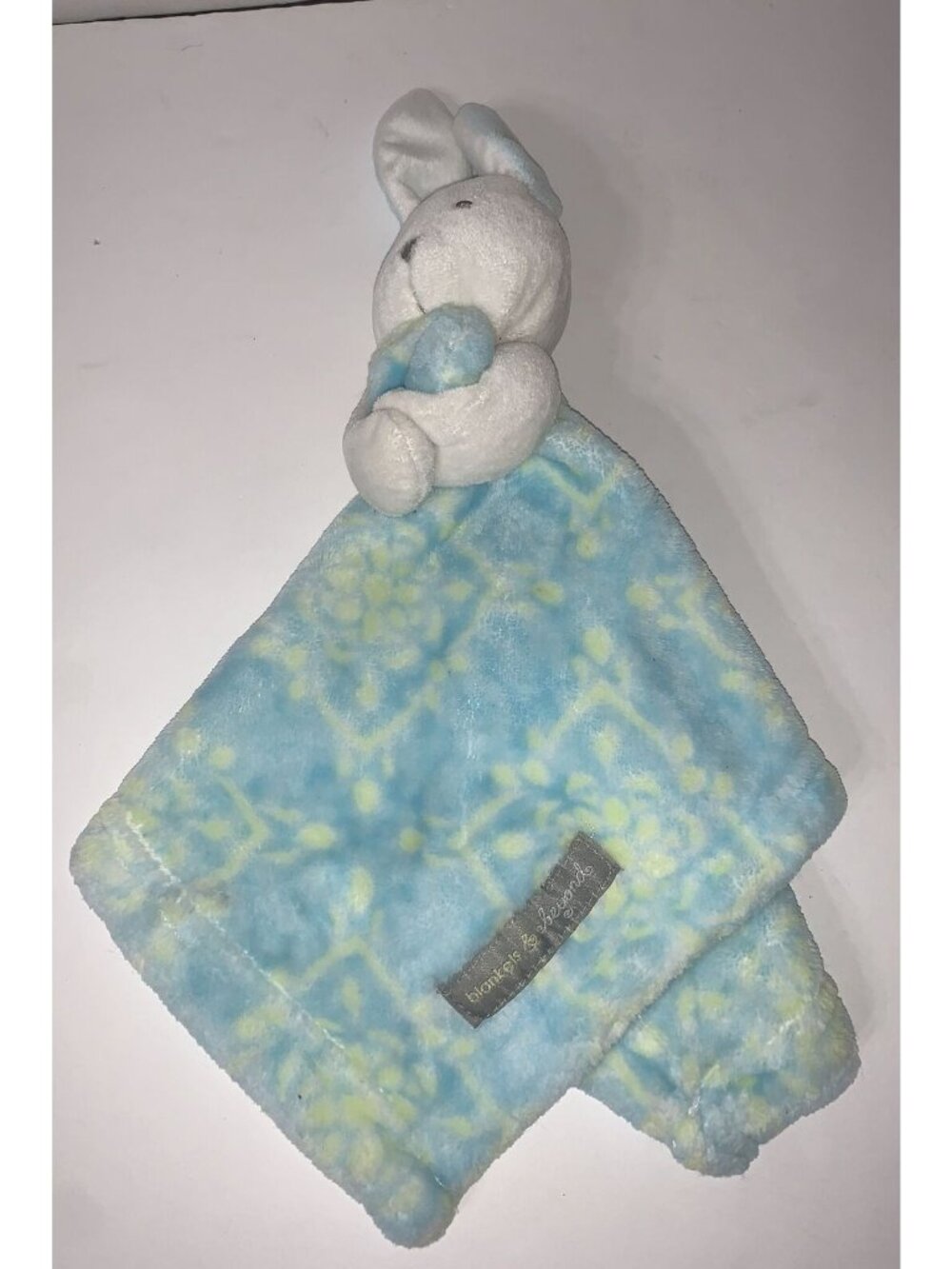 Blankets & Beyond HTF Lovey Security Bunny Blue Yellow Damask 12” Long